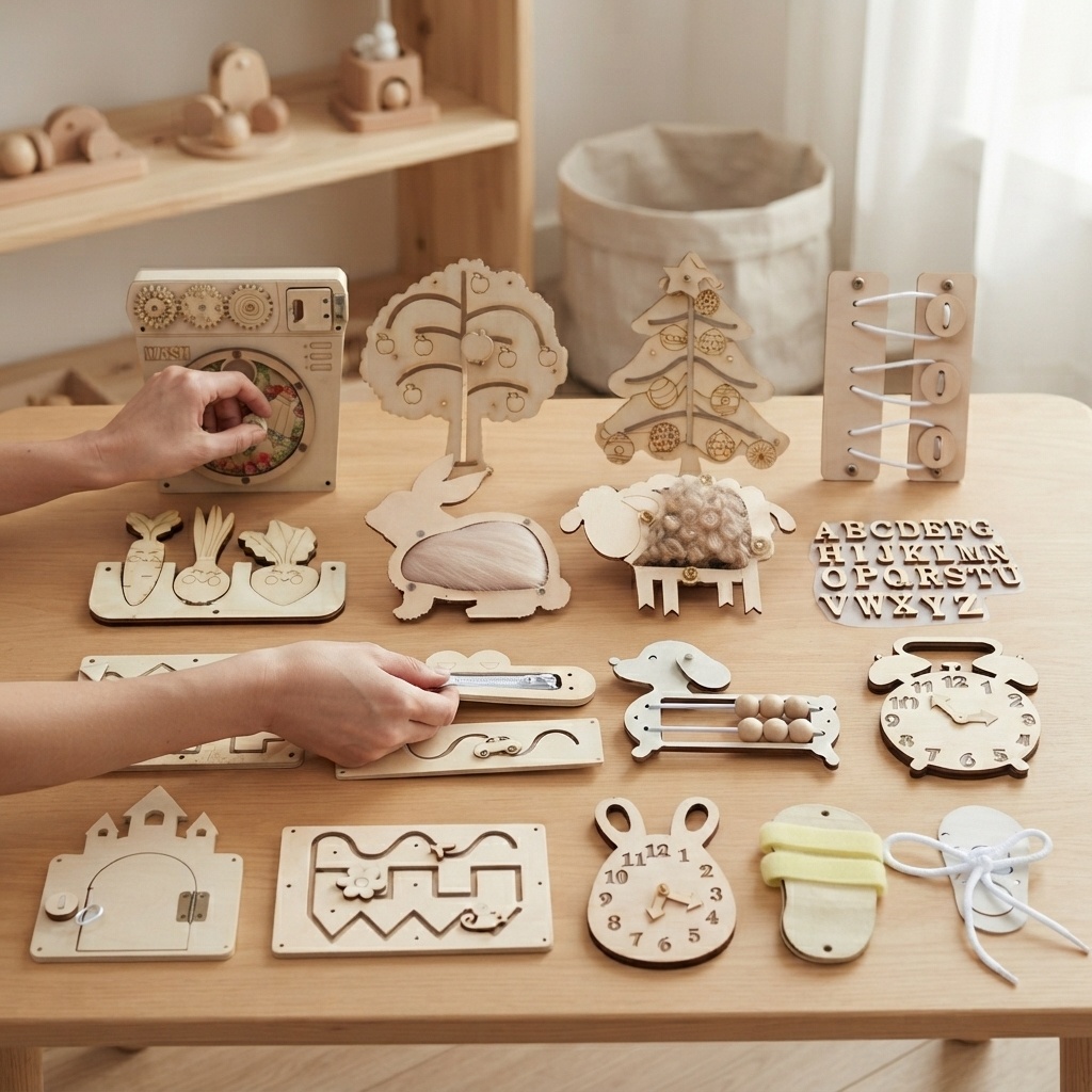 Montessori Wooden Busy Board Toddler - ホットビジーボード モンテッソーリ木製パズル DIYアクティビティ ドアロックリング アクセサリー マッチングトイ