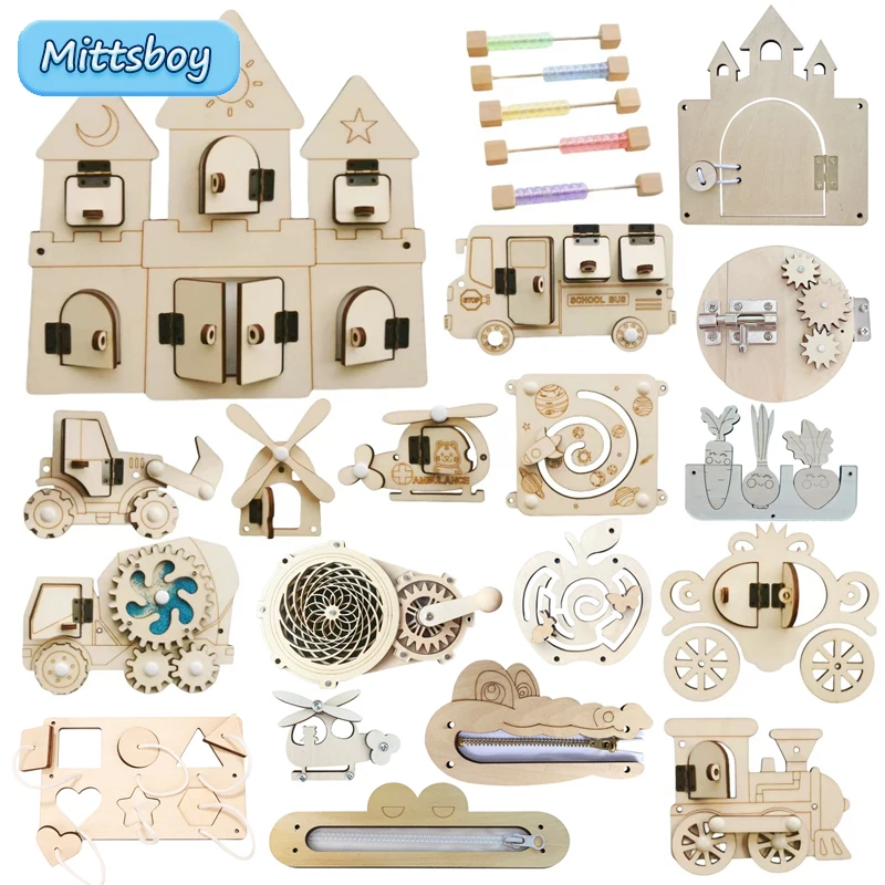 Montessori Wooden Busy Board Toddler - モンテッソーリビジーボード DIY 木製アクセサリー早期ボール計算ブルドーザー城ヘリコプター教育玩具子供のためのギフト