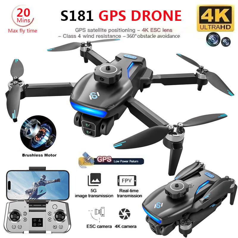 Fpv Brushless Rc Drone 4K - プロの折りたたみ式ブラシレスクワッドコプター,GPS,デュアルHDカメラ,5g wifi写真,rc距離1.2km,s181,GPS